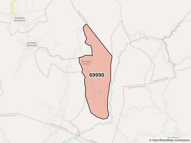 Mapa del código postal 69990, San Miguel Piedras, Oaxaca
