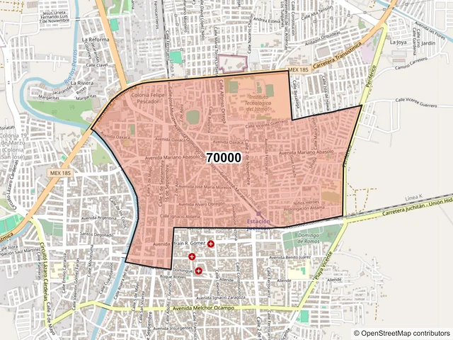Mapa del código postal 70000, Juchitán de Zaragoza, Oaxaca