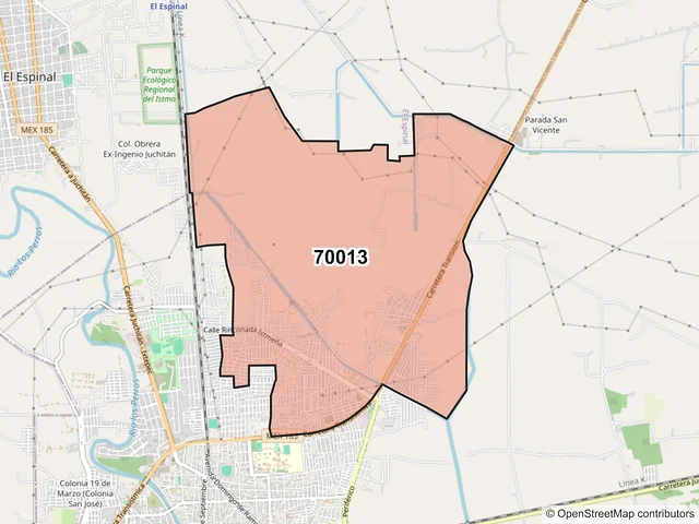 Mapa del código postal 70013, Juchitán de Zaragoza, Oaxaca