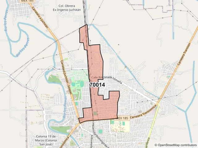 Mapa del código postal 70014, Juchitán de Zaragoza, Oaxaca