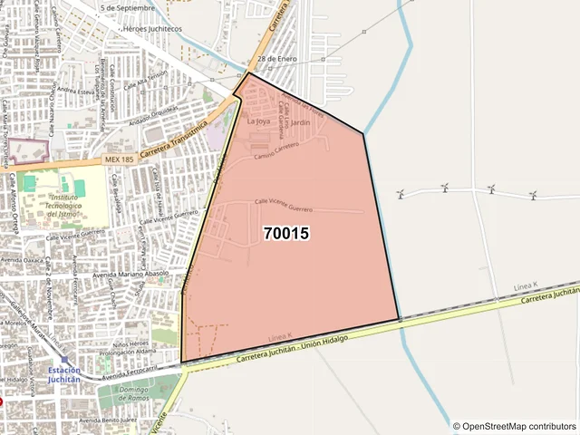 Mapa del código postal 70015, Juchitán de Zaragoza, Oaxaca