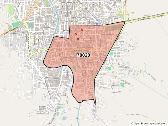 Mapa del código postal 70020, Juchitán de Zaragoza, Oaxaca