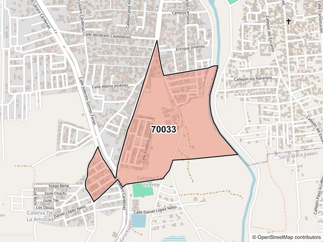 Mapa del código postal 70033, Juchitán de Zaragoza, Oaxaca