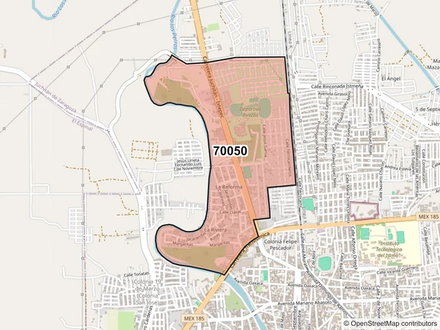 Mapa del código postal 70050, Juchitán de Zaragoza, Oaxaca
