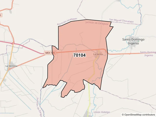 Mapa del código postal 70104, Juchitán de Zaragoza, Oaxaca