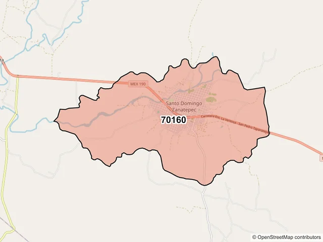 Mapa del código postal 70160, Santo Domingo Zanatepec, Oaxaca