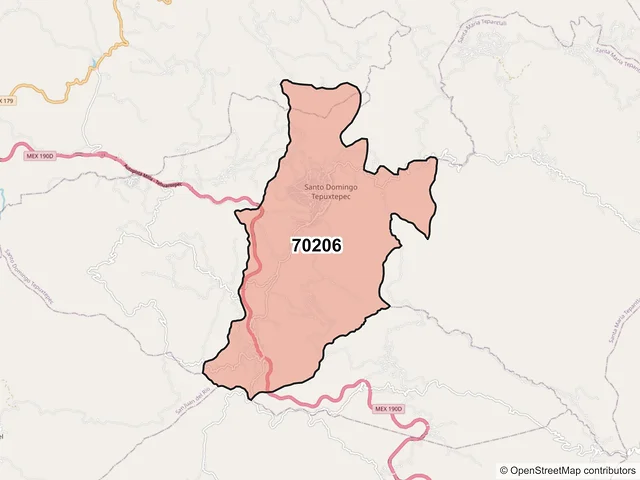 Mapa del código postal 70206, Santo Domingo Tepuxtepec, Oaxaca