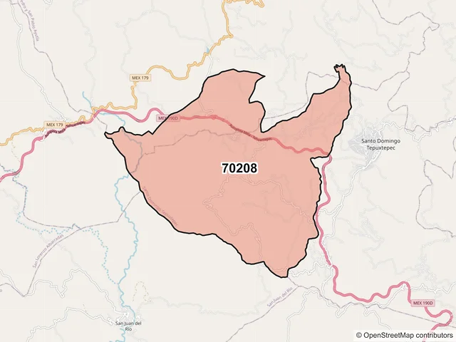 Mapa del código postal 70208, Santo Domingo Tepuxtepec, Oaxaca