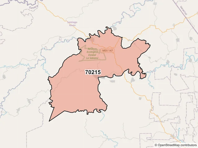 Mapa del código postal 70215, San Juan Cotzocón, Oaxaca