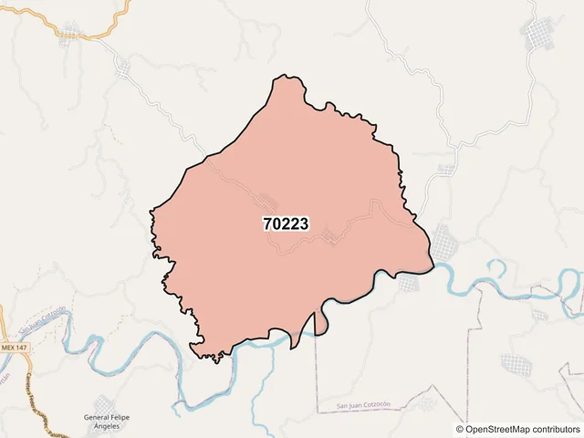 Mapa del código postal 70223, San Juan Cotzocón, Oaxaca