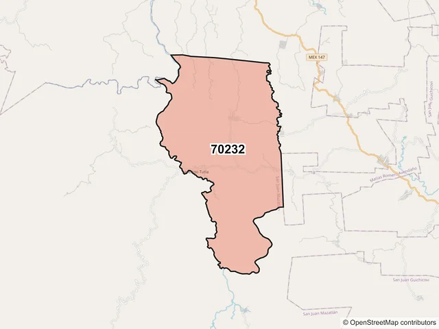 Mapa del código postal 70232, San Juan Mazatlán, Oaxaca