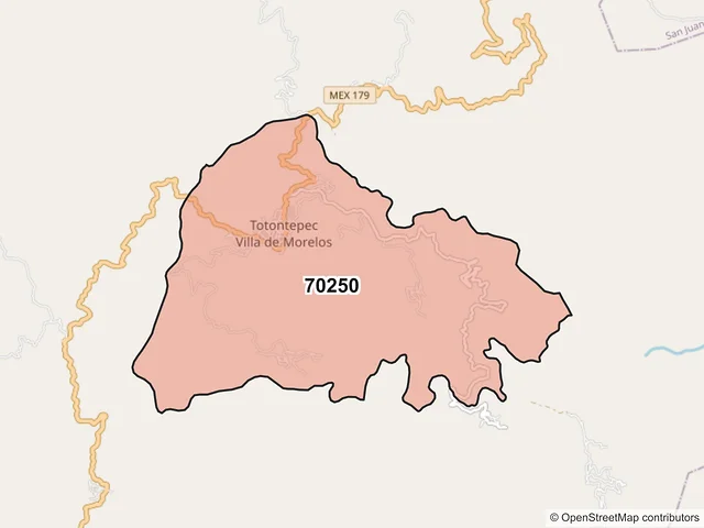 Mapa del código postal 70250, Totontepec Villa de Morelos, Oaxaca