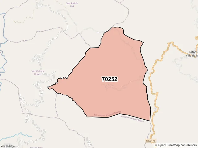 Mapa del código postal 70252, Totontepec Villa de Morelos, Oaxaca