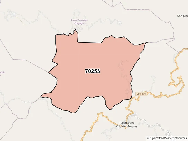 Mapa del código postal 70253, Totontepec Villa de Morelos, Oaxaca