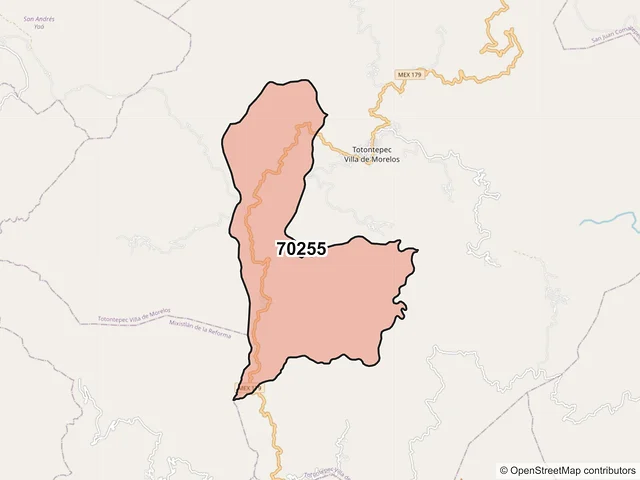 Mapa del código postal 70255, Totontepec Villa de Morelos, Oaxaca