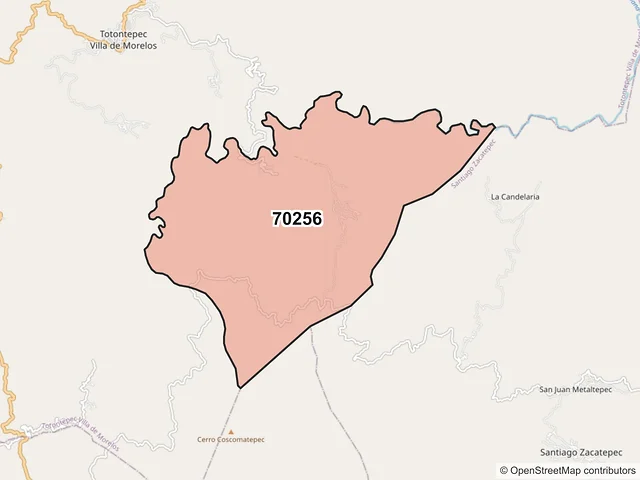 Mapa del código postal 70256, Totontepec Villa de Morelos, Oaxaca