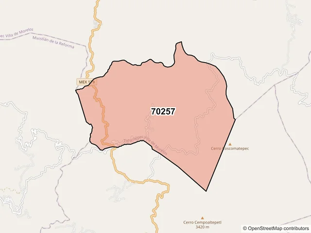 Mapa del código postal 70257, Totontepec Villa de Morelos, Oaxaca