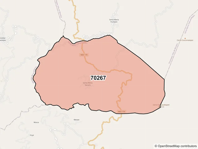 Mapa del código postal 70267, Santa María Tlahuitoltepec, Oaxaca