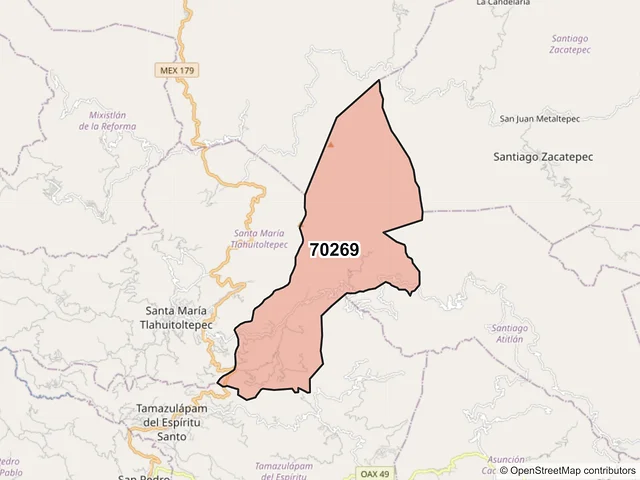 Mapa del código postal 70269, Santa María Tlahuitoltepec, Oaxaca