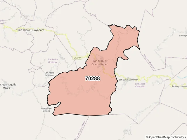 Mapa del código postal 70288, San Miguel Quetzaltepec, Oaxaca