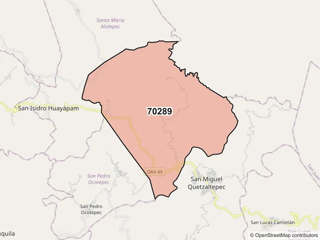 Mapa del código postal 70289, San Miguel Quetzaltepec, Oaxaca