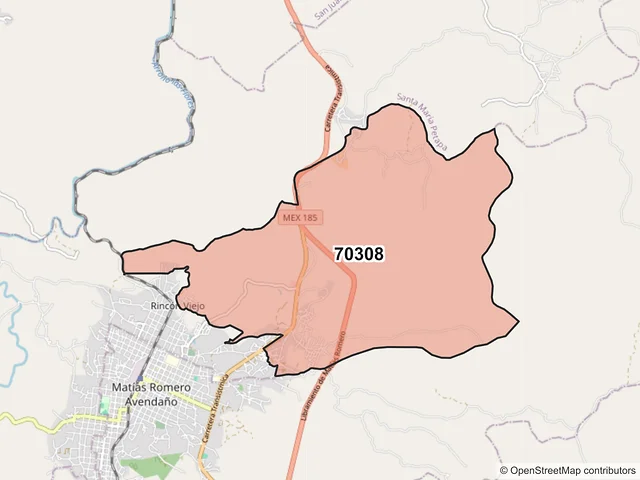 Mapa del código postal 70308, Matías Romero Avendaño, Oaxaca