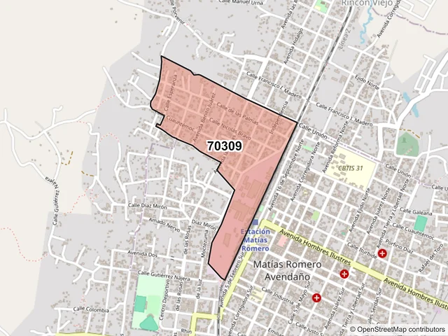 Mapa del código postal 70309, Matías Romero Avendaño, Oaxaca