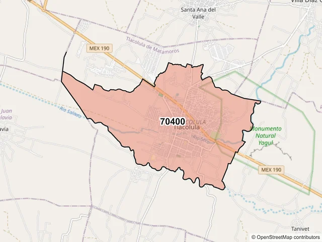 Mapa del código postal 70400, Tlacolula de Matamoros, Oaxaca