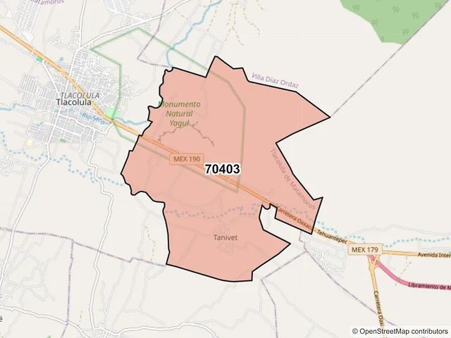 Mapa del código postal 70403, Tlacolula de Matamoros, Oaxaca
