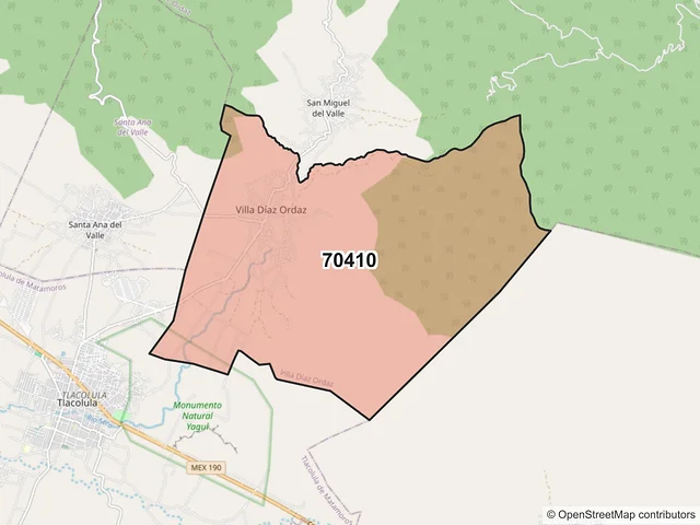Mapa del código postal 70410, Villa Díaz Ordaz, Oaxaca