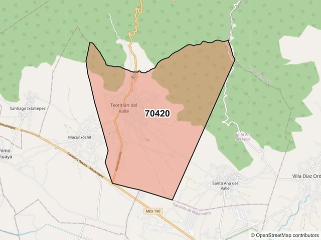 Mapa del código postal 70420, Teotitlán del Valle, Oaxaca