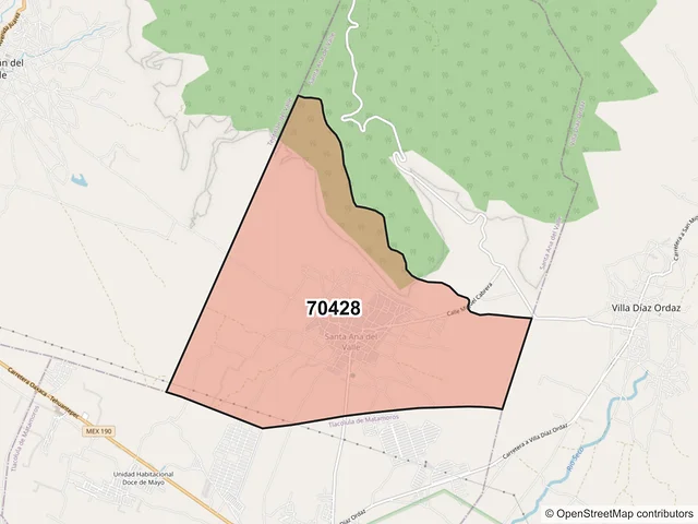 Mapa del código postal 70428, Santa Ana del Valle, Oaxaca