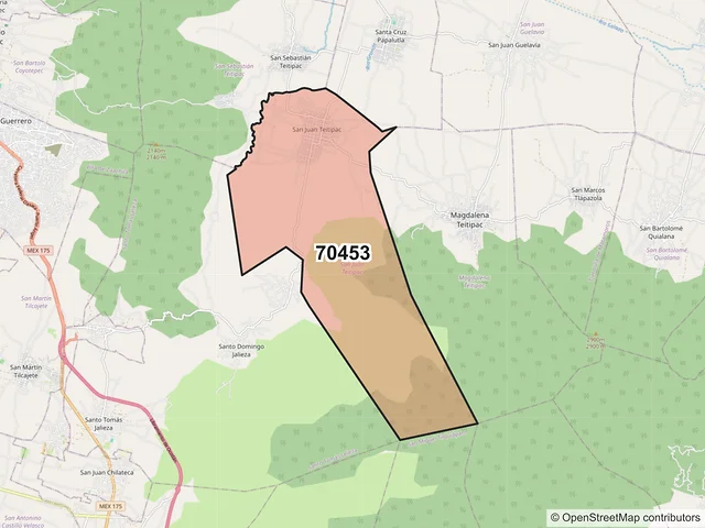 Mapa del código postal 70453, San Juan Teitipac, Oaxaca