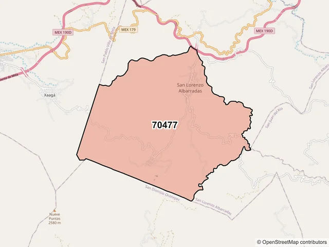 Mapa del código postal 70477, San Lorenzo Albarradas, Oaxaca