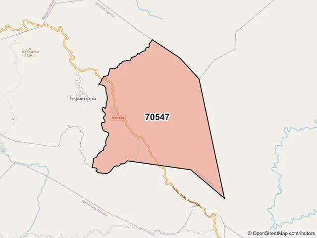 Mapa del código postal 70547, San Juan Lajarcia, Oaxaca