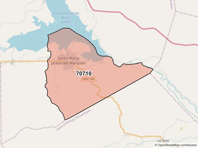 Mapa del código postal 70710, Santa María Jalapa del Marqués, Oaxaca