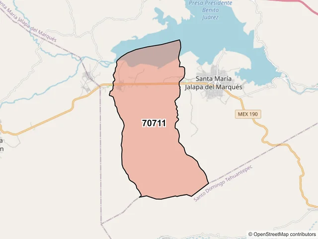 Mapa del código postal 70711, Santa María Jalapa del Marqués, Oaxaca