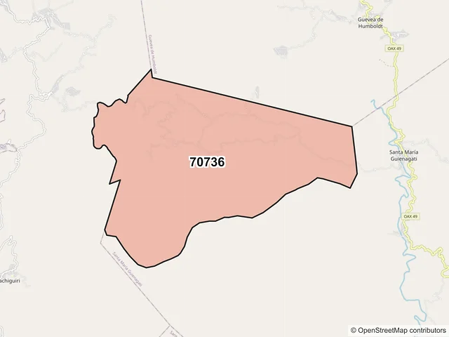 Mapa del código postal 70736, Santa María Guienagati, Oaxaca