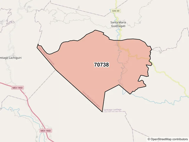 Mapa del código postal 70738, Santa María Guienagati, Oaxaca