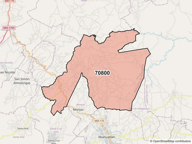 Mapa del código postal 70800, Miahuatlán de Porfirio Díaz, Oaxaca