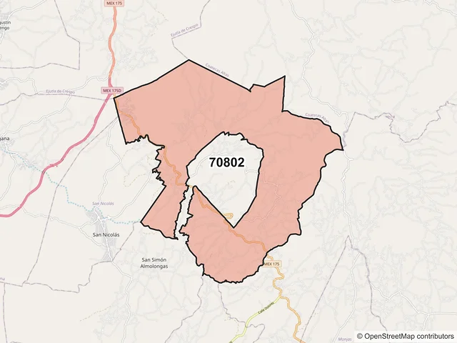Mapa del código postal 70802, Miahuatlán de Porfirio Díaz, Oaxaca