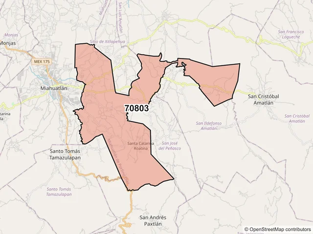 Mapa del código postal 70803, Miahuatlán de Porfirio Díaz, Oaxaca
