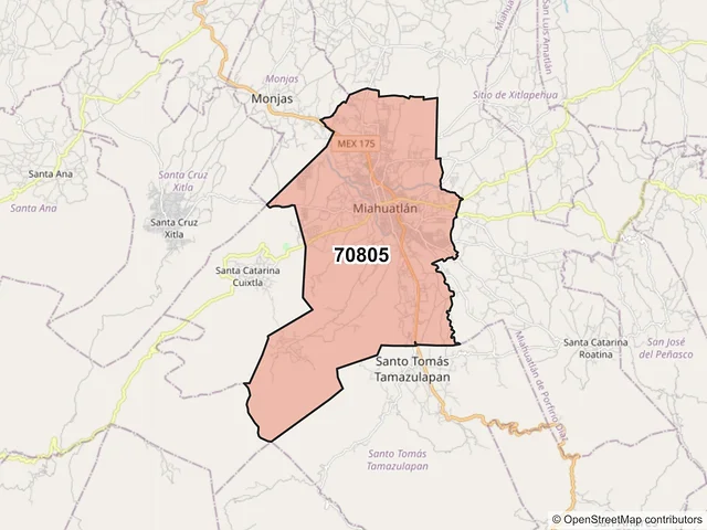 Mapa del código postal 70805, Miahuatlán de Porfirio Díaz, Oaxaca