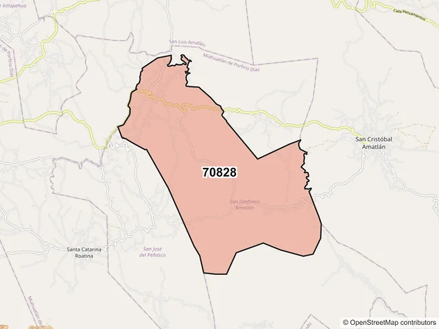 Mapa del código postal 70828, San Ildefonso Amatlán, Oaxaca
