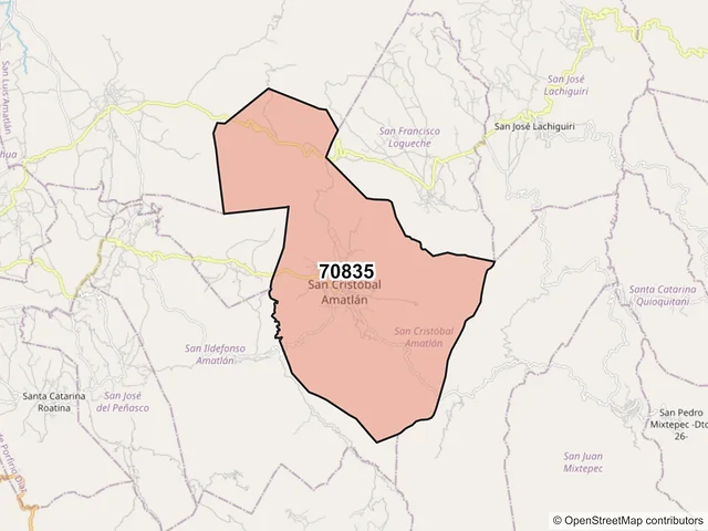 Mapa del código postal 70835, San Cristóbal Amatlán, Oaxaca