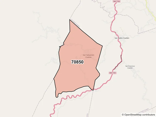Mapa del código postal 70850, San Sebastián Coatlán, Oaxaca