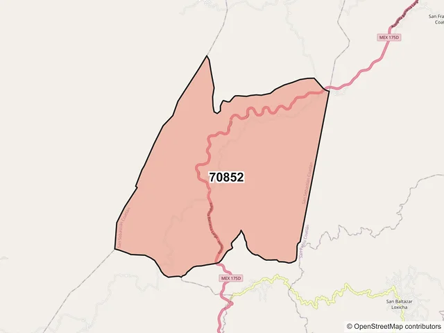 Mapa del código postal 70852, San Sebastián Coatlán, Oaxaca