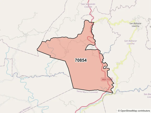 Mapa del código postal 70854, San Sebastián Coatlán, Oaxaca