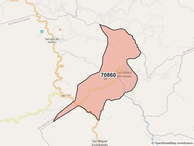 Mapa del código postal 70860, San Mateo Río Hondo, Oaxaca