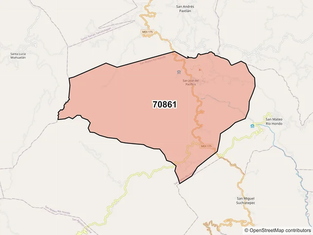 Mapa del código postal 70861, San Mateo Río Hondo, Oaxaca